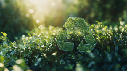 Poster - Green recycle icon floating above verdant foliage, symbolizing sustainability during golden twilight hour