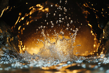 Poster - Water splash in dark background with golden light, creating a crown-like shape.