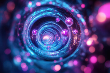 Poster - Abstract swirling tunnel with glowing orbs, vibrant neon blue and pink hues, cosmic journey.