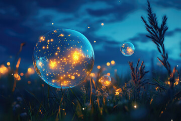 Aufkleber - Enchanted bubbles float in a dreamy twilight field, glowing with inner light and surrounded by fireflies.
