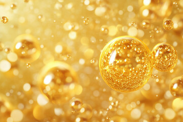 Poster - Golden bubbles float in a shimmering, luxurious background, creating a radiant and elegant visual.