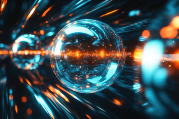 Poster - A reflective sphere moving through a vibrant, neon-lit tunnel of light and energy.