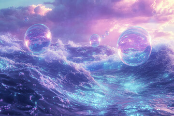 Poster - Surreal ocean waves with iridescent bubbles under a dreamy, purple sky.