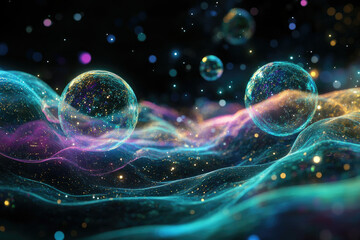 Poster - Glowing orbs float on a shimmering, colorful, abstract wave of particles in space.