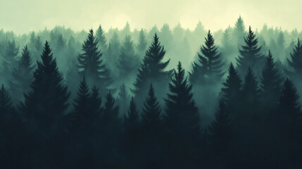 Aufkleber - Dense evergreen forest shrouded in misty dawn, creating ethereal woodland landscape