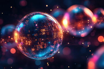 Poster - A glowing sphere filled with digital code, representing global interconnectedness and data flow.