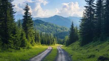 Leinwandbilder - Scenic dirt road winding through lush forest landscape and majestic mountains in bright daylight. Generative AI