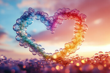 Poster - A rainbow heart shape formed by iridescent soap bubbles against a vibrant sunset sky.