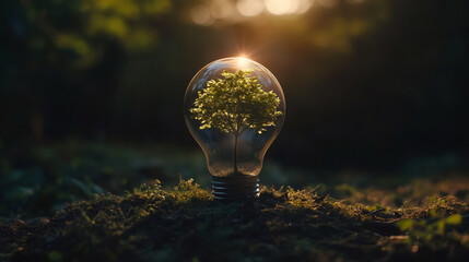 Poster - Tree sapling sprouting inside glass bulb, resting on forest floor, bathed in warm golden hour radiance