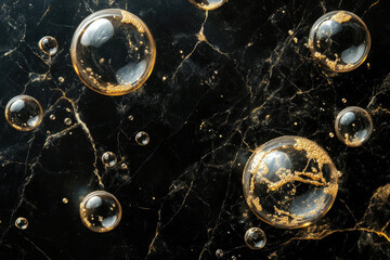 Poster - Golden oil bubbles on black marble background. Luxurious, elegant texture.
