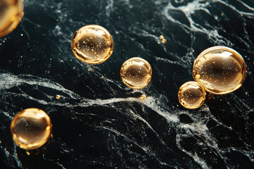 Leinwandbilder - Golden orbs float on a dark marble surface, creating a luxurious and elegant visual.