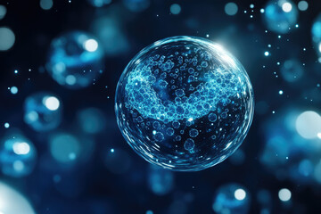 Poster - A glowing blue sphere filled with interconnected smaller spheres, representing cellular structures or a network.