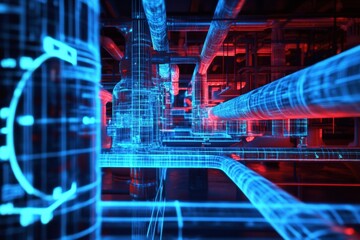 Poster - Thermal imaging revealing gas leak with blue and red heat signatures on high tech analysis screen in a scientific environment. Generative AI