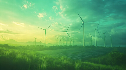 Poster - Wind turbines and solar panels are producing renewable energy under a beautiful sunset sky