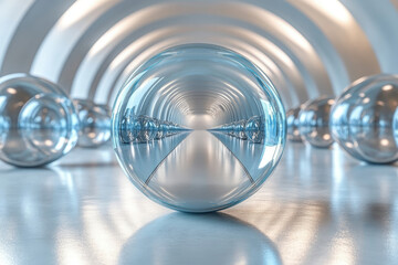 Poster - A large transparent sphere reflects a futuristic tunnel lined with smaller spheres, creating a symmetrical and mesmerizing scene.