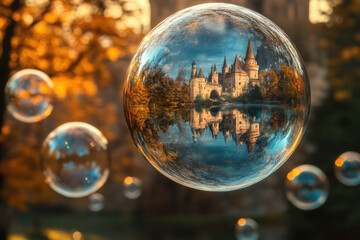 Poster - A fairytale castle reflected in a soap bubble, surrounded by autumnal trees.