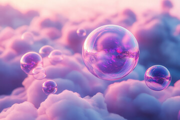 Poster - Purple iridescent bubbles float amidst dreamy pink clouds, a surreal and ethereal scene.