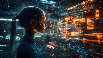 Fototapete - Futuristic digital landscape with holographic data visualization and intelligence elements in a urban setting  Abstract and creative 3D rendered showcasing the future of technology information