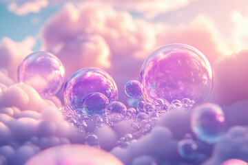 Poster - Pastel-colored soap bubbles float on a dreamy cloud background, creating a whimsical scene.
