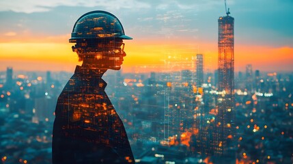 Poster - Futuristic double exposure portrait of a businessman or corporate executive silhouetted against the skyline of a modern urban city at sunset  Concept of technology innovation leadership