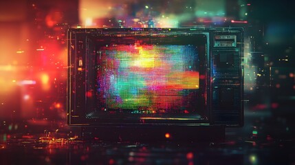 Poster - Futuristic glitch digital art with neon lights colorful abstract patterns and a surreal psychedelic atmosphere displayed on a computer screen  This digital evokes a cyberpunk