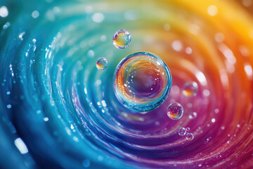 Poster - Vibrant, iridescent water droplets create mesmerizing concentric ripples on a colorful surface.