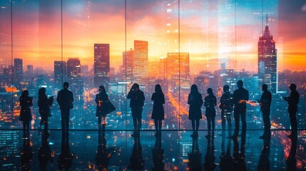 Poster - Silhouetted professionals converse passionately as the sun sets over a vibrant city skyline, illuminating their collaboration and strategic planning