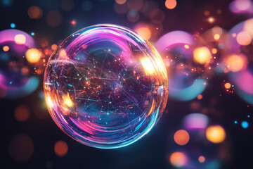 Poster - A vibrant, glowing sphere filled with interconnected lines and nodes, set against a bokeh background.