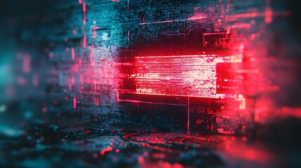 Poster - Futuristic glitchy neon digital technology abstract background with pulsing circuits data matrix patterns and a virtual hud interface  Conceptual digital art design with a sci fi technology