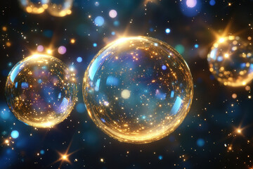 Poster - Glowing orbs filled with sparkling particles float in a dark space, resembling celestial bodies or cosmic bubbles.