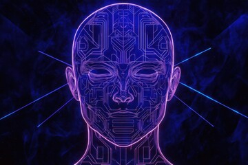 Aufkleber - Silhouette of a human head illuminated with circuit patterns and glowing neon lines in a futuristic design. Generative AI