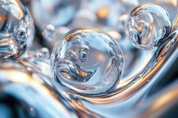 Poster - Abstract image of glistening, translucent spheres nested within a flowing, metallic liquid, creating a mesmerizing visual effect.
