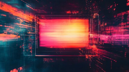 Poster - Futuristic neon cityscape with vibrant geometric lighting and digital architectural backdrop  Surreal luminous and energetic 3D rendered abstract scene with glowing shapes patterns and motion