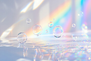 Poster -  iridescent soap bubbles float on a shimmering, pastel surface, reflecting rainbow light.