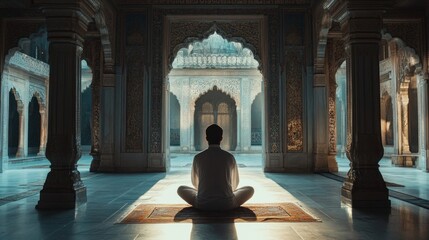Poster - A devout Muslim man sits peacefully in meditation amidst intricate architectural designs. The warm glow of sunlight filters through ornate arches, creating a serene atmosphere for reflection