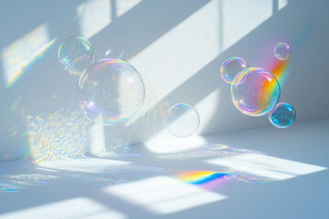 Poster - Iridescent soap bubbles float in sunlit room, casting colorful reflections.