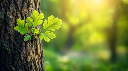 Poster - Verdant green foliage emerging from weathered tree bark, representing natural regeneration within lush woodland environment