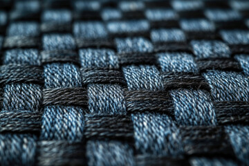 Aufkleber - Close-up of interwoven blue and black denim threads creating a textured fabric.