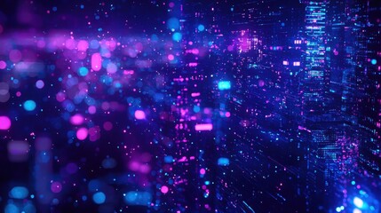Fototapete - Vibrant digital landscape with bright pink and blue particles creating an immersive visual experience in a futuristic city setting