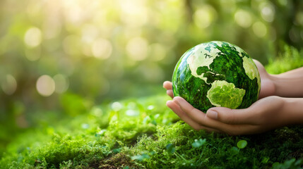 Poster - Hands holding a green Earth globe on moss, promoting environmental conservation and ecological awareness