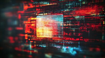 Poster - Glitched and Distorted Digital Abstract Background with Futuristic Data Technology and Intelligence Visualization  Chaotic Matrix of Colorful Pixels Circuits and Code