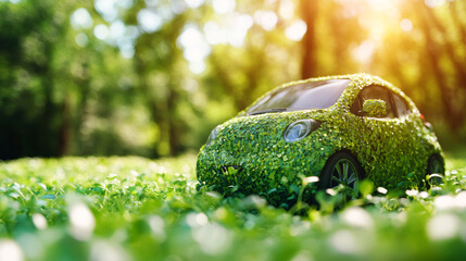 Aufkleber - Electric car surrounded by verdant foliage in grassy landscape, representing green technology and environmental sustainability
