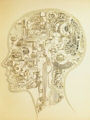 Leinwandbilder - Human head outline filled with intricate designs representing artificial intelligence and mechanical systems. Generative AI