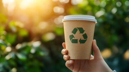 Poster - Hand holding a disposable biodegradable paper cup with recycling logo promoting eco-friendly practices and environmental conservation