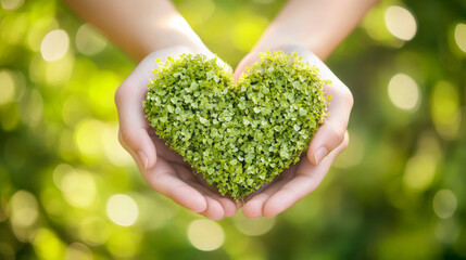 Poster - Gentle hands holding verdant heart-shaped foliage, embodying nurturing connection with botanical world's tender essence
