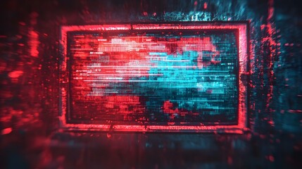 Poster - Glitched futuristic digital art composition with vibrant intersecting neon shapes frames and patterns against a techno abstract background  The artwork has a dynamic energetic and experimental look