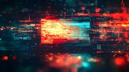 Fototapete - Glitched neon cyberscape with futuristic digital energy patterns and abstract technological visualizations  Dynamic and surreal 3D render with a modern experimental aesthetic