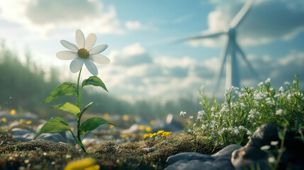 Poster - Single white daisy growing in field with wind turbine symbolizing clean energy and sustainable future