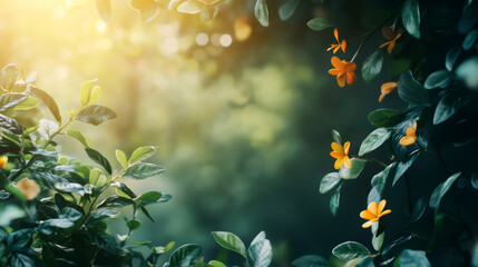 Poster - Sunlight filters through green leaves and orange flowers, creating a peaceful and natural background