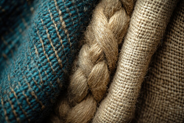Poster - Close-up of intricately woven burlap and teal fabric textures, showcasing the craftsmanship and natural fibers.